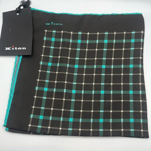 100% NWT KITON Silk Pocket Square  Brown - Turquoise. (15 X 15) - Picture 2 of 7